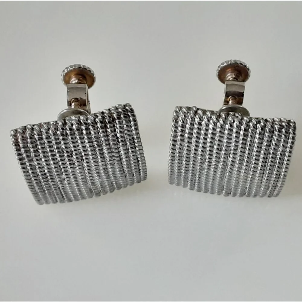 NAPIER Ribbed Silver Tone Square Screw Back Clip On Earrings
